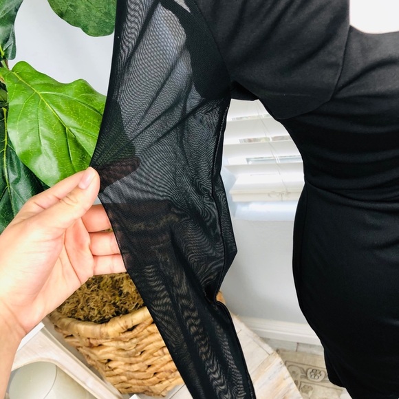 NWOT Cut Out Mock Neck Backless Contrast Mesh Tulip Hem Bodycon Black MINI DRESS - Picture 5 of 8